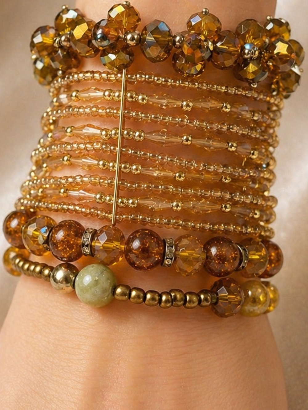 ✨ Vintage Amber Glass & AB Beaded Bracelet Set – Stackable Boho Glam (4pc) ✨